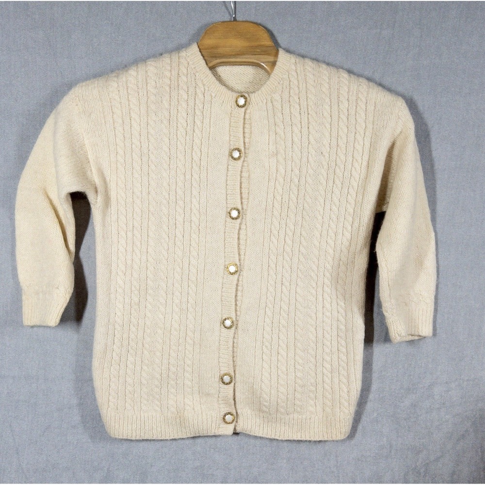 Vtg‎ Aran Wool Cable Knit Fishermans Sweater Womens Large Gold Buttons Office